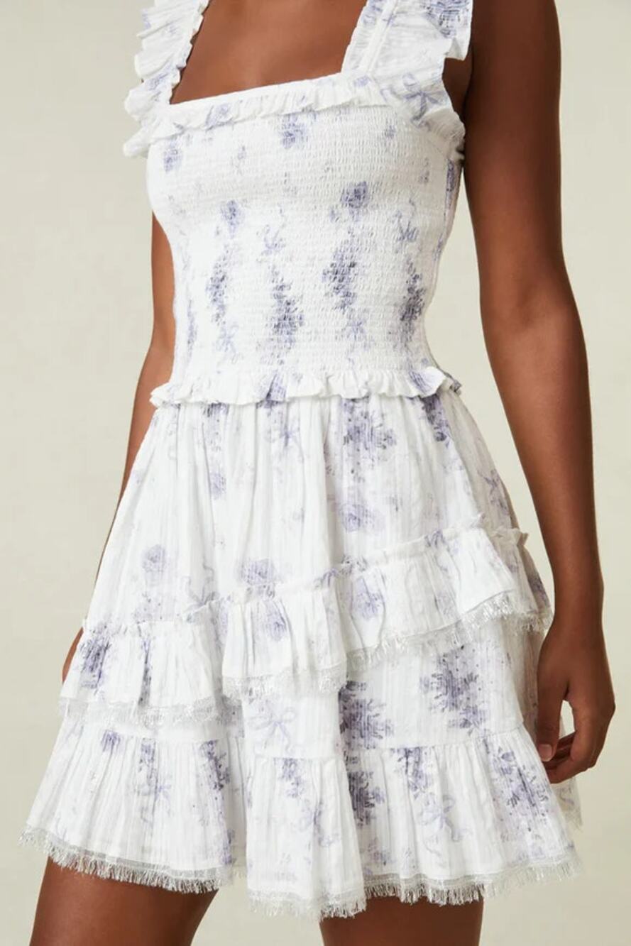 LoveShackFancy Aline Floral Print Ruffle Trim Smocked Mini Dress Misty Sea P/XS